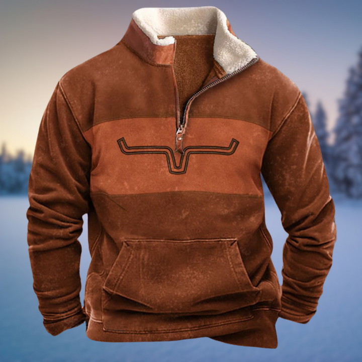 Emmett Aztec quarter zip fleece pullover in brown, front view