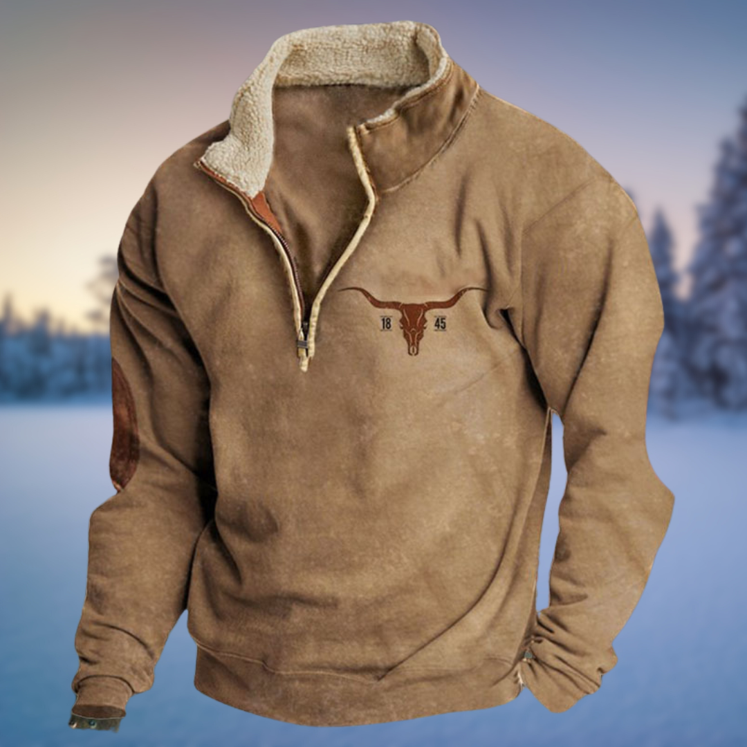 Emmett quarter zip fleece pullover with longhorn logo, front view