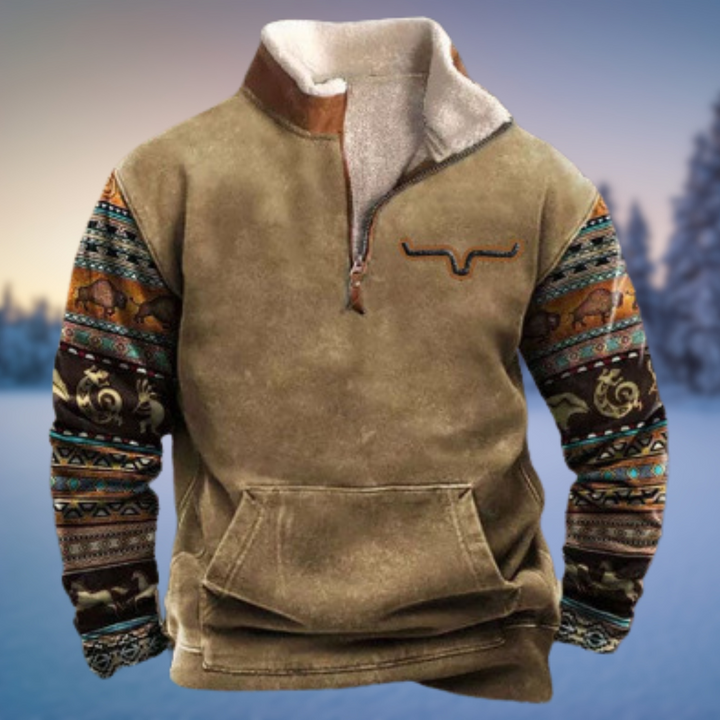 Emmett Aztec quarter zip fleece pullover in tan, front view