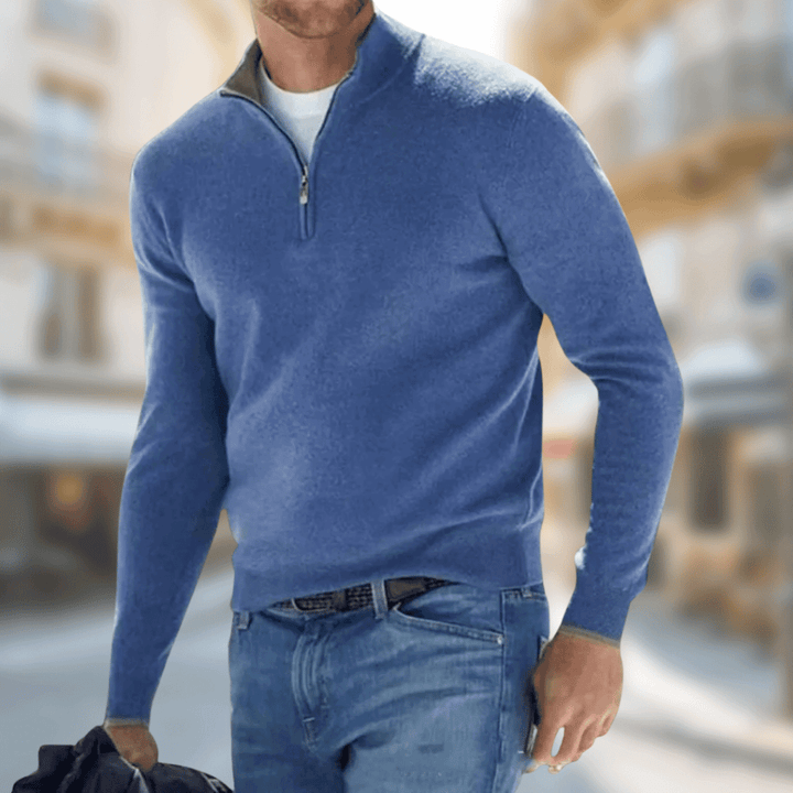 Everett blue quarter zip sweater, front view
