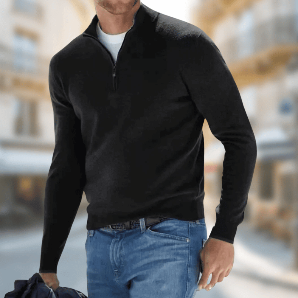 Everett black quarter zip sweater, front view