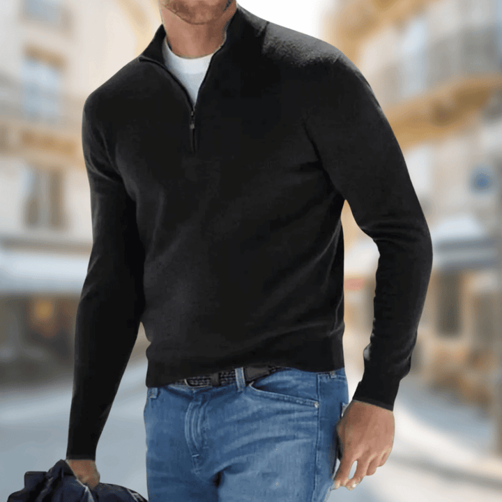 Everett black quarter zip sweater, front view