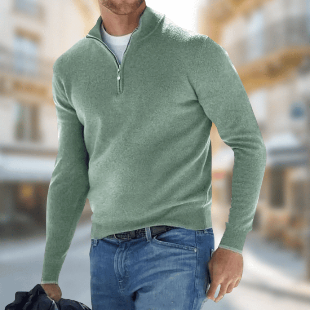 Everett green quarter zip sweater, front view