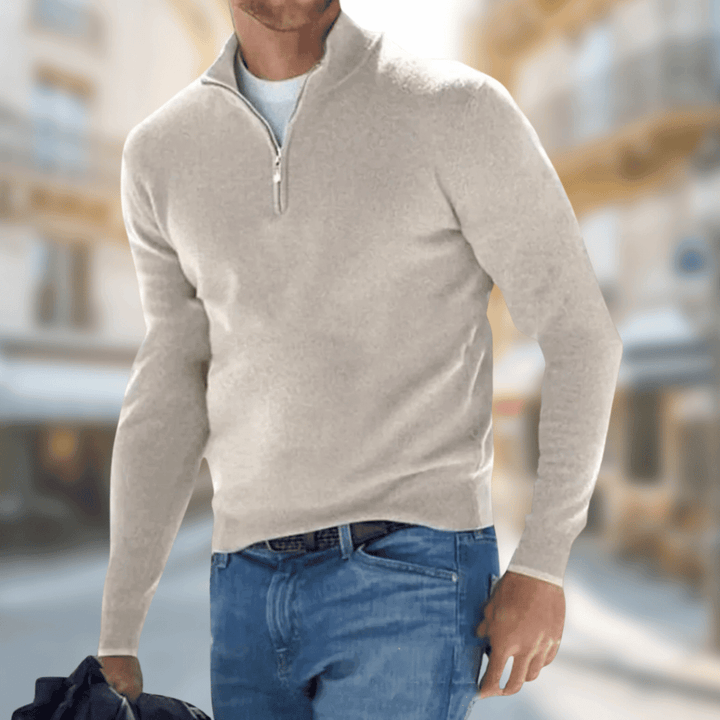 Everett beige quarter zip sweater, front view