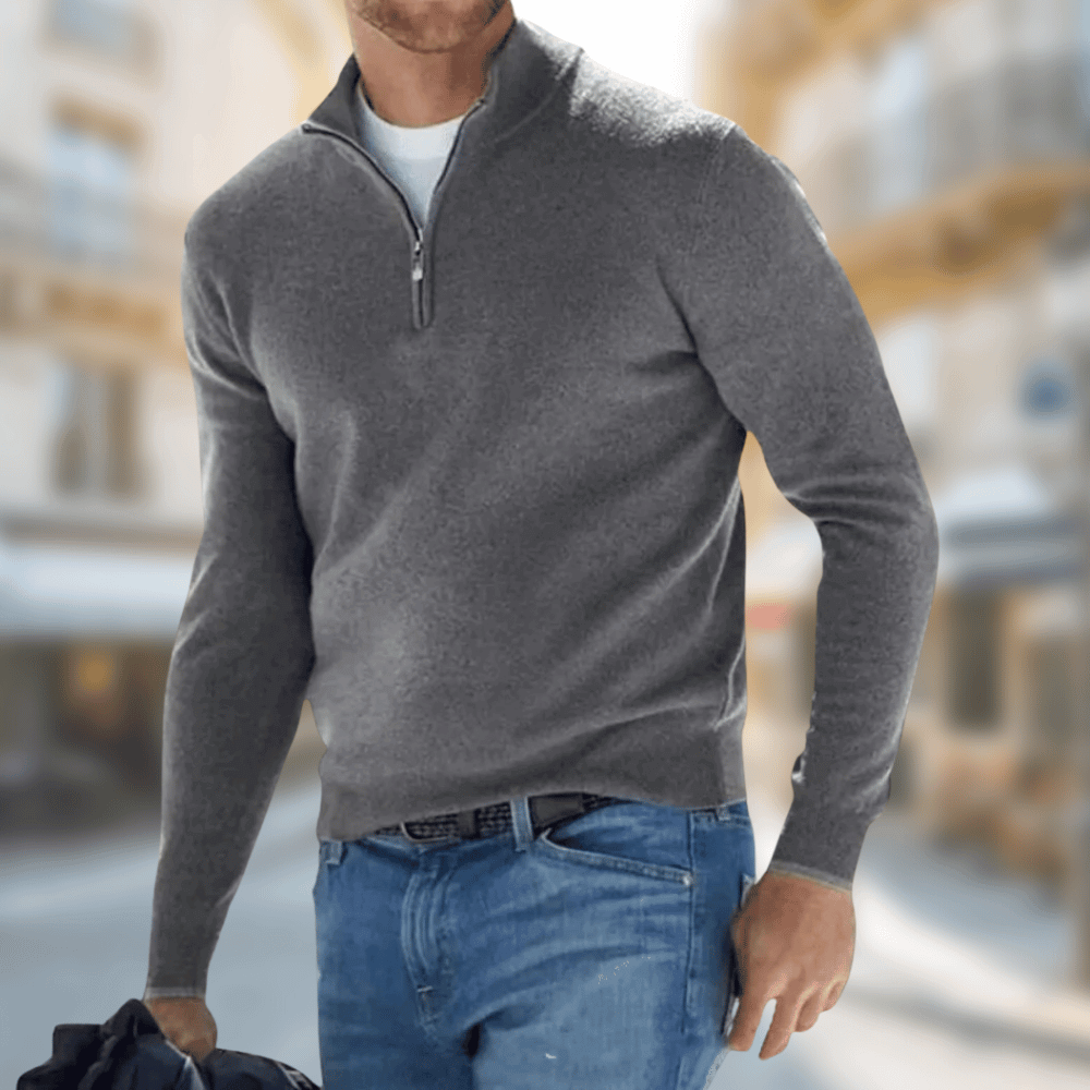 Everett gray quarter zip sweater, front view