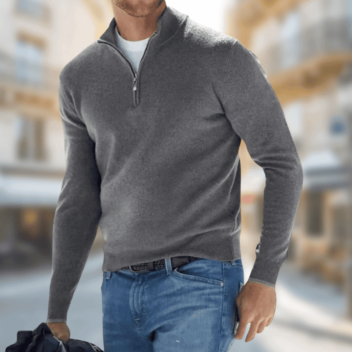 Everett gray quarter zip sweater, front view