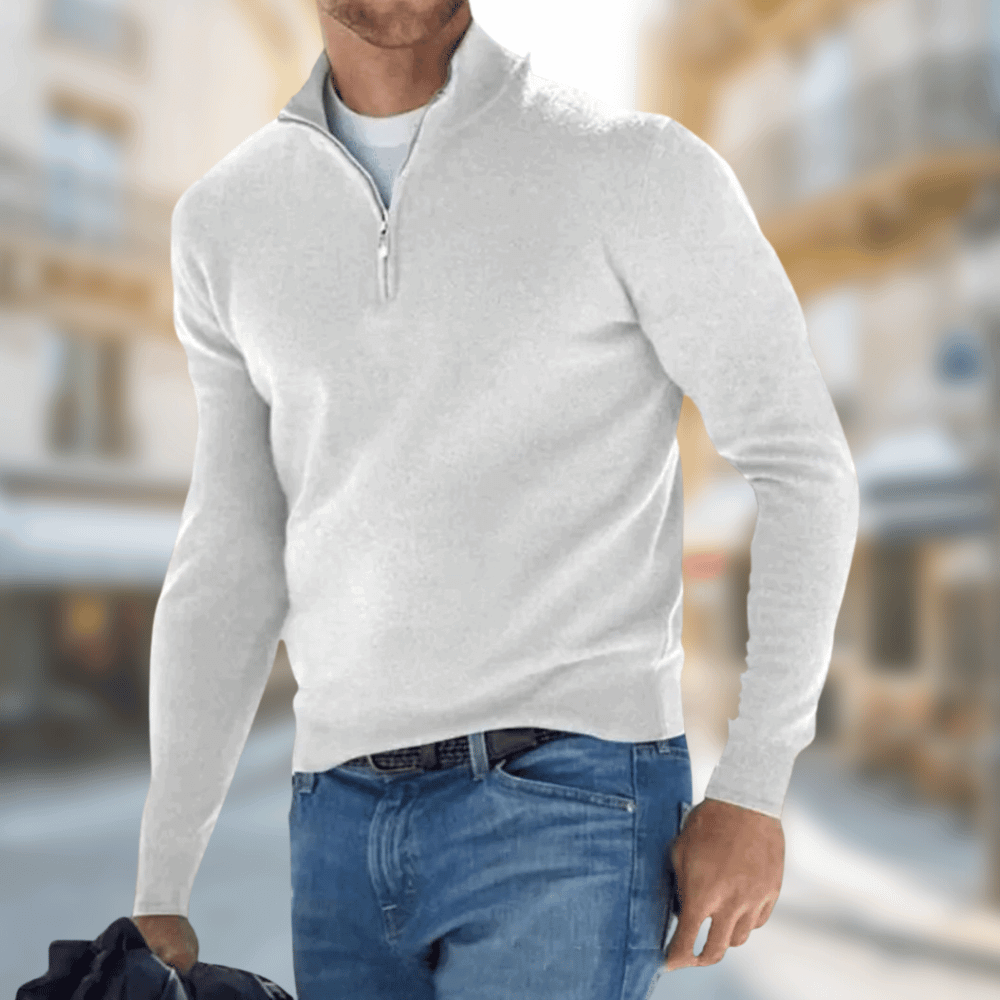 Everett white quarter zip sweater, front view