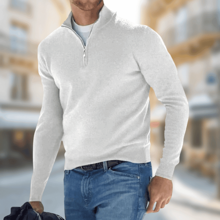 Everett white quarter zip sweater, front view