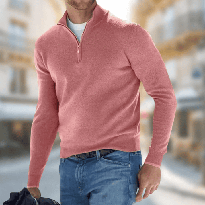 Everett pink quarter zip sweater, front view