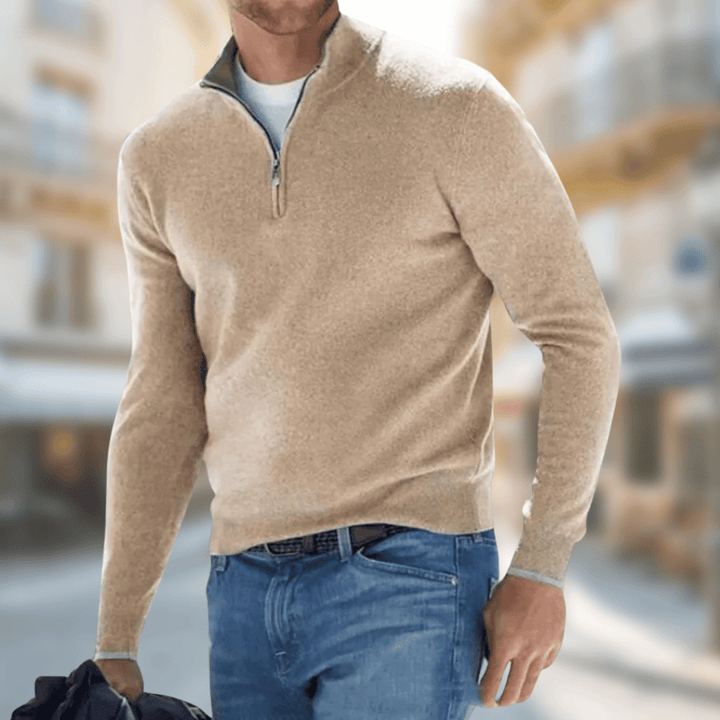 Everett tan quarter zip sweater, front view