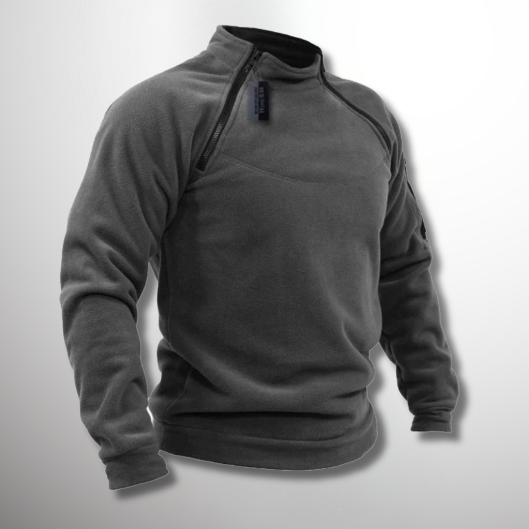 Everett quarter zip mock neck fleece pullover in dark gray, front view