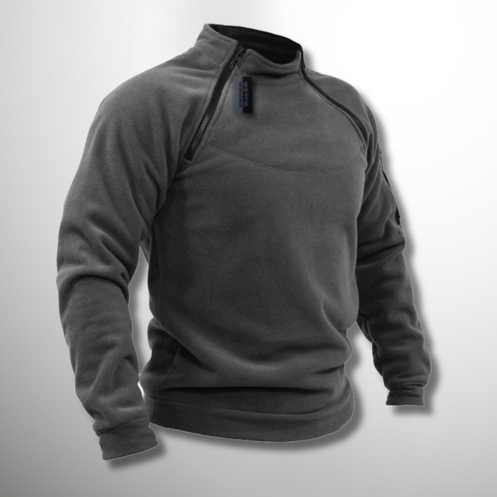 Everett quarter zip mock neck fleece pullover in dark gray, front view