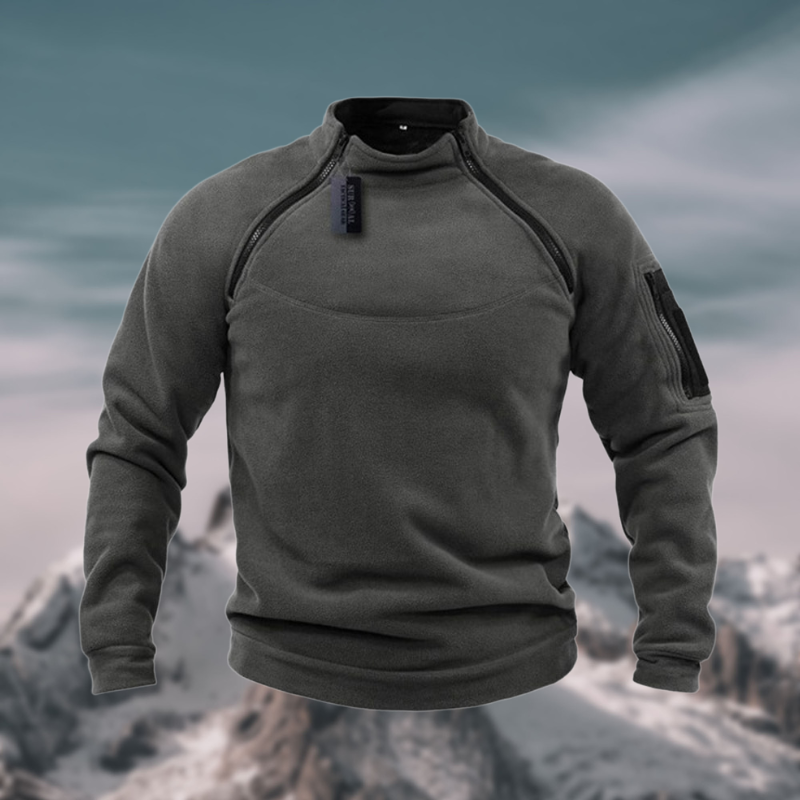 Everett quarter zip mock neck fleece pullover in dark gray, studio front view