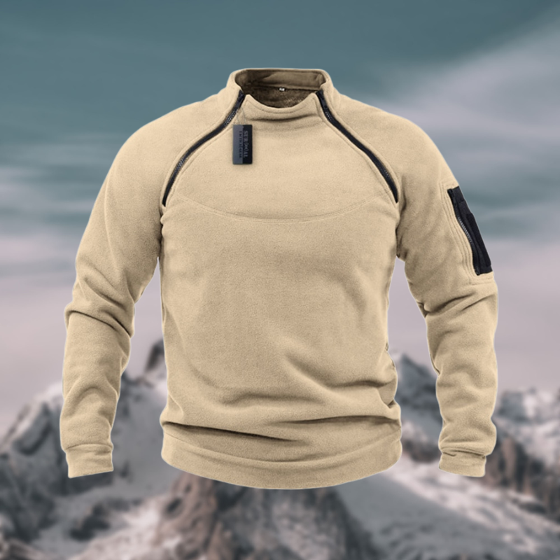 Everett quarter zip mock neck fleece pullover in beige, front view
