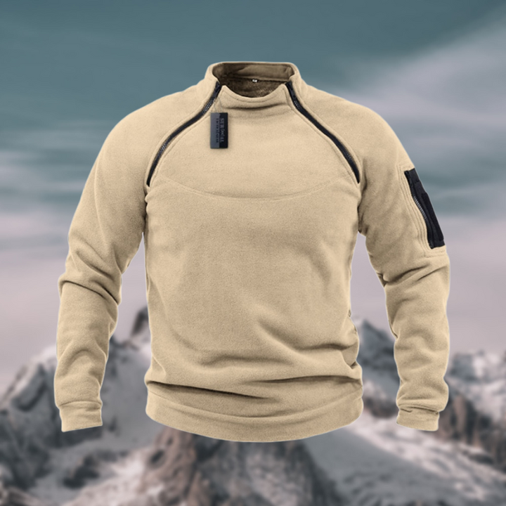 Everett quarter zip mock neck fleece pullover in beige, front view