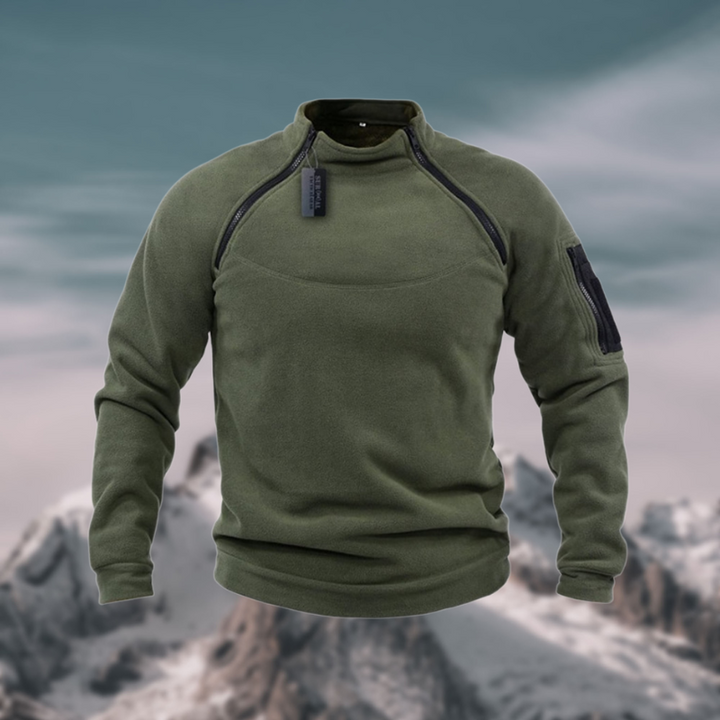 Everett quarter zip mock neck fleece pullover in military green, front view