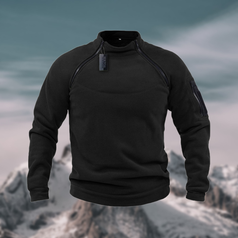 Everett quarter zip mock neck fleece pullover in black, front view
