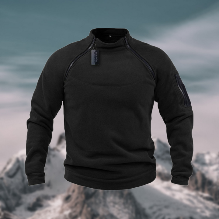 Everett quarter zip mock neck fleece pullover in black, front view