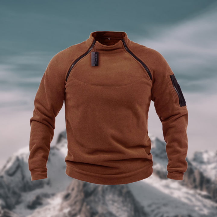 Everett quarter zip mock neck fleece pullover in brown, front view