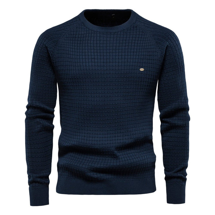 Everett textured crew neck long sleeve sweater in navy, front view