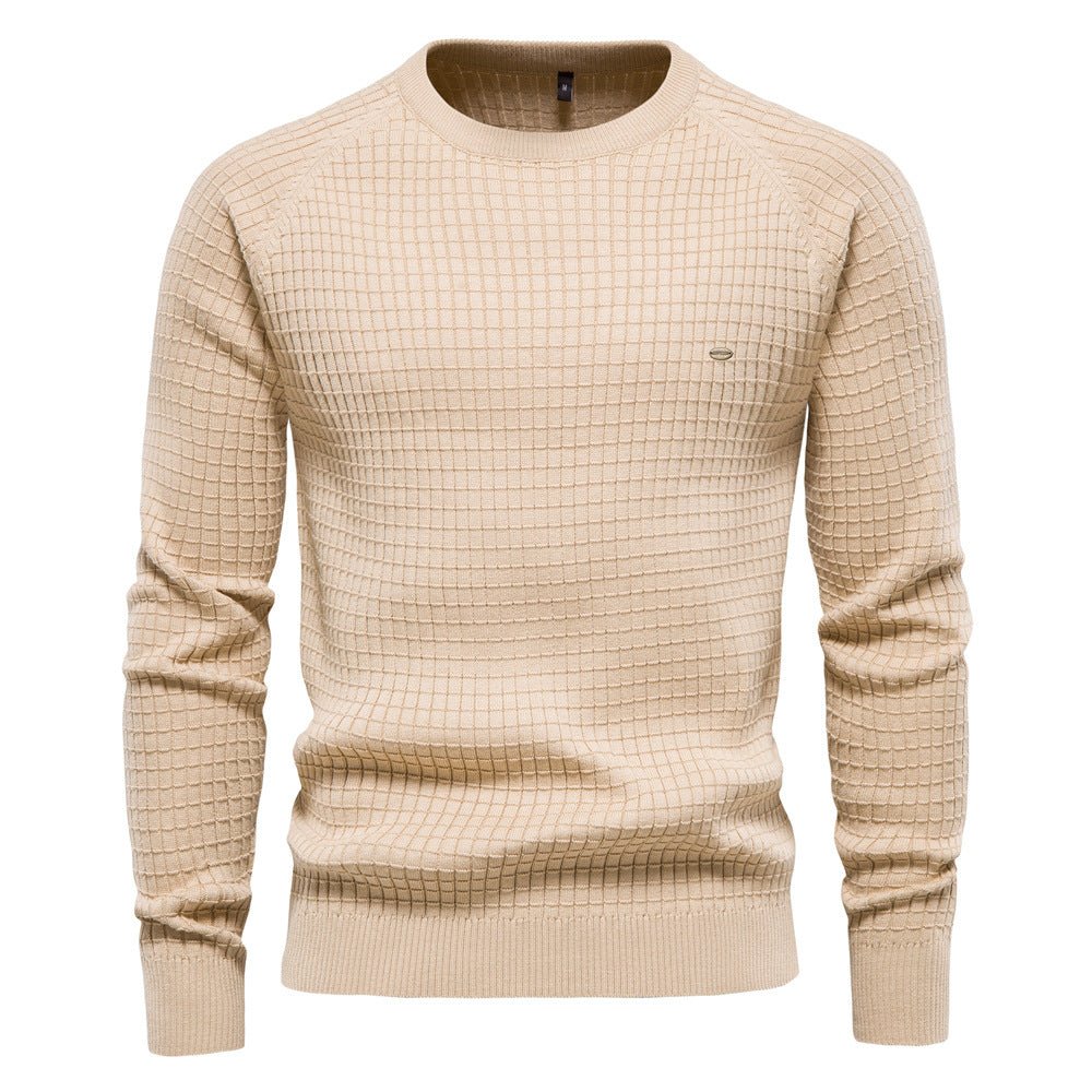 Everett textured crew neck long sleeve sweater in beige, front view