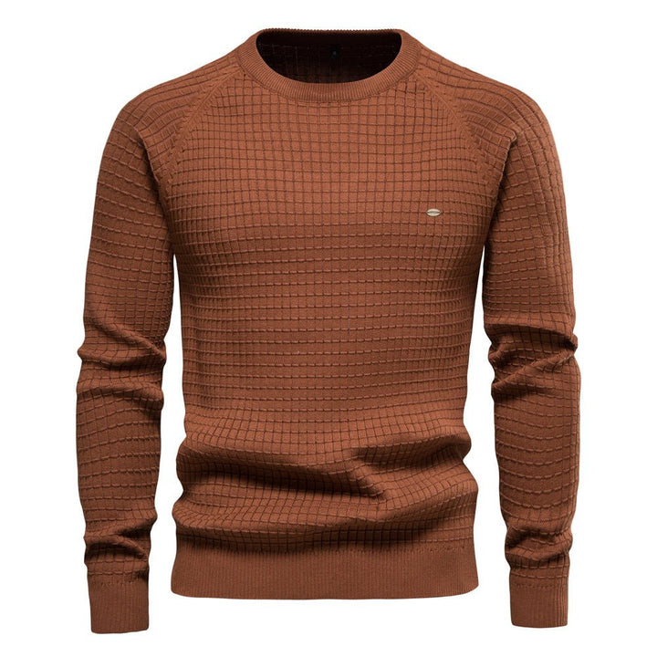 Everett textured crew neck long sleeve sweater in brown, front view