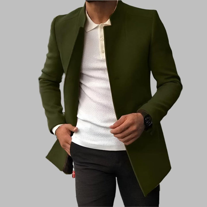 Foster slim-fit stand collar wool coat in olive green, front view