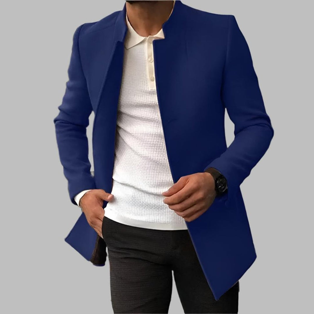 Foster slim-fit stand collar wool coat in navy blue, front view