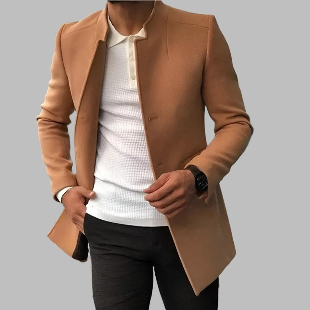 Foster slim-fit stand collar wool coat in camel, front view