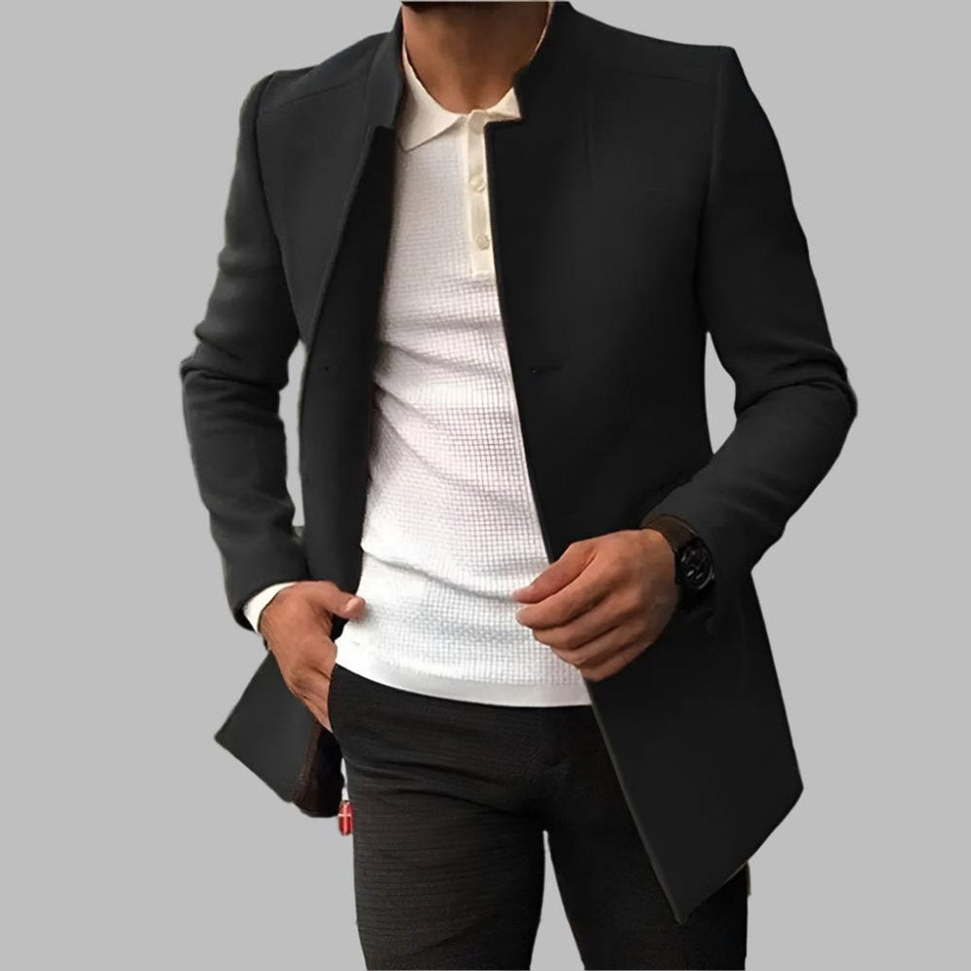Foster slim-fit stand collar wool coat in black, front view