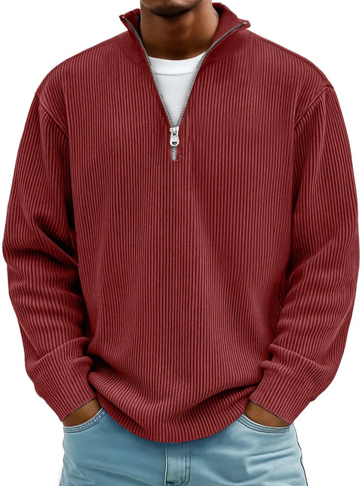 Grant ribbed quarter-zip mock neck sweater in red, front view
