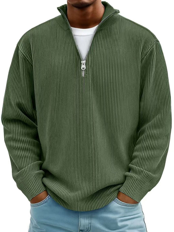 Grant ribbed quarter-zip mock neck sweater in olive green, front view