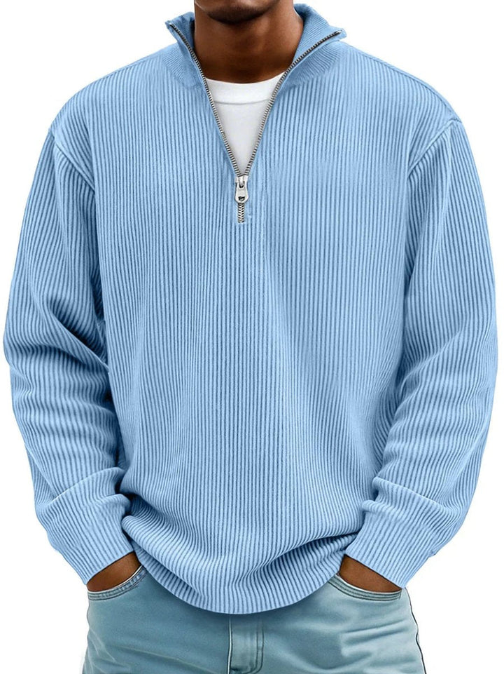 Grant ribbed quarter-zip mock neck sweater in light blue, front view