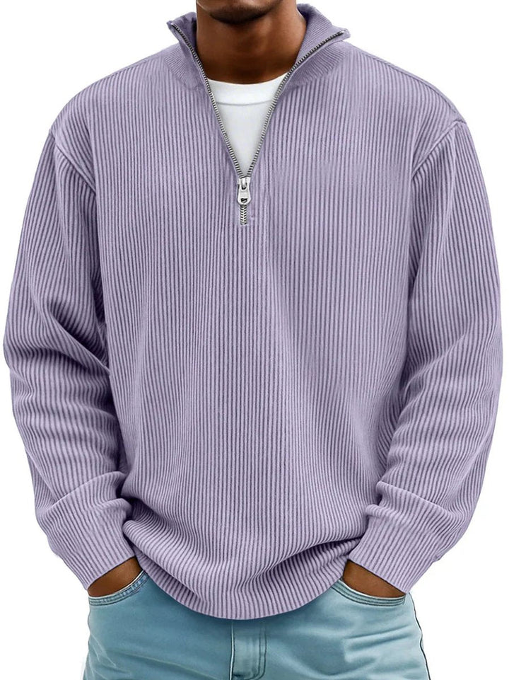 Grant ribbed quarter-zip mock neck sweater in lavender, front view