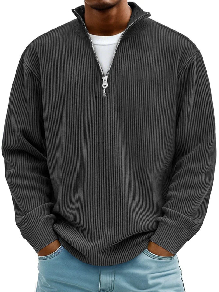 Grant ribbed quarter-zip mock neck sweater in dark gray, front view