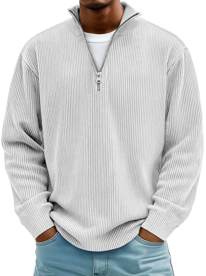 Grant ribbed quarter-zip mock neck sweater in white, front view