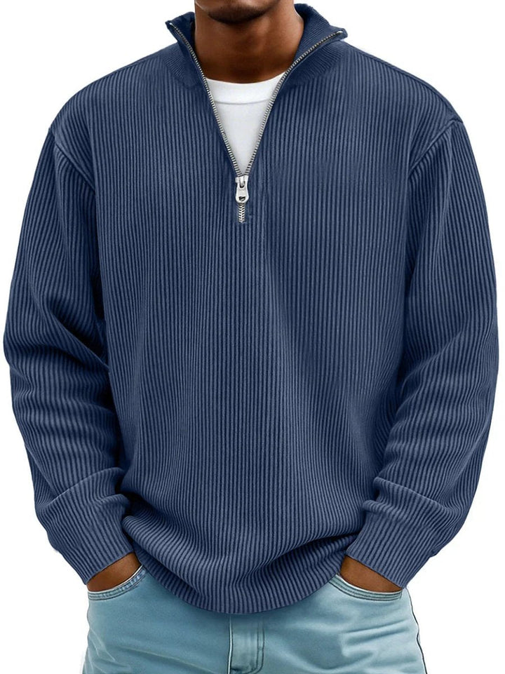 Grant ribbed quarter-zip mock neck sweater in navy blue, front view