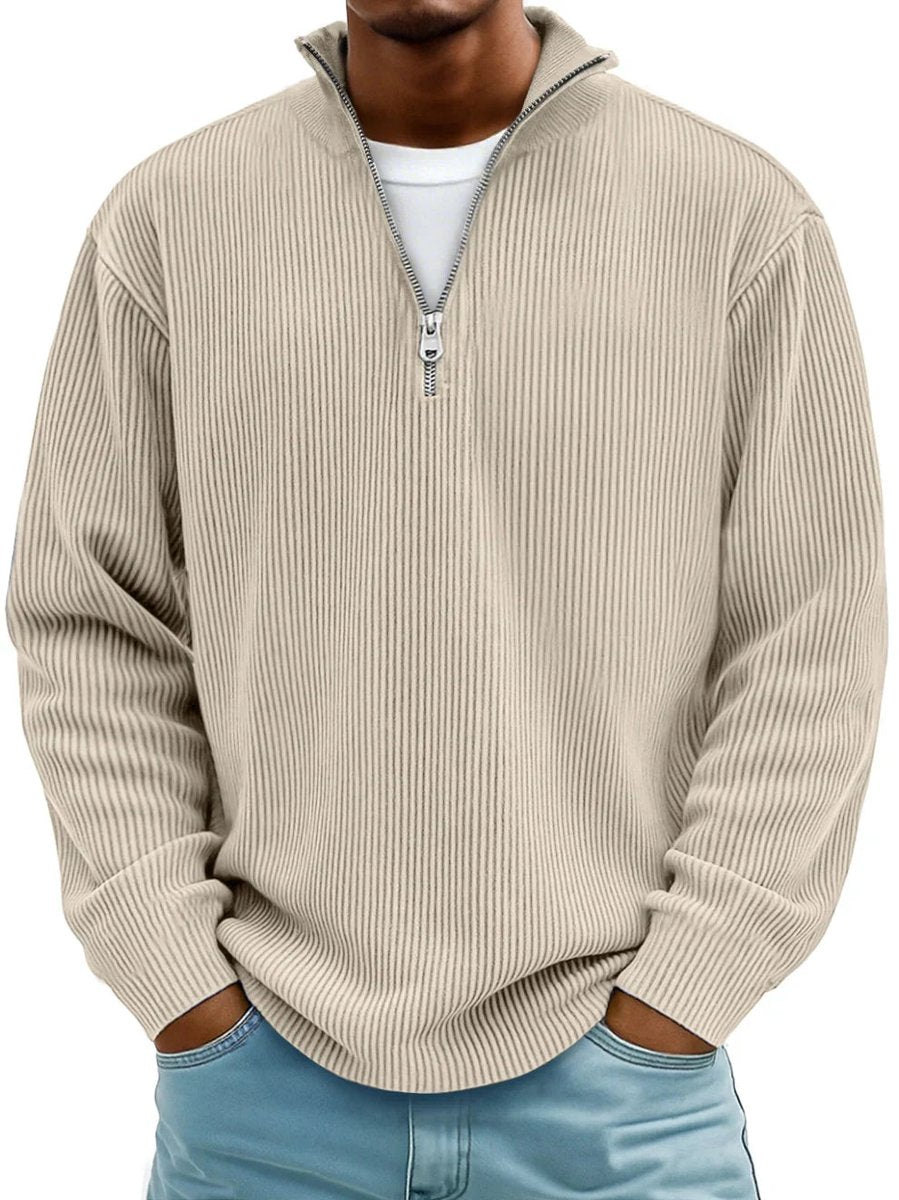 Grant ribbed quarter-zip mock neck sweater in beige, front view