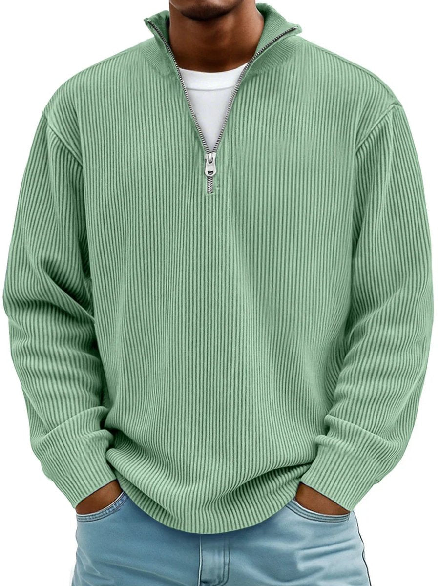Grant ribbed quarter-zip mock neck sweater in sage green, front view