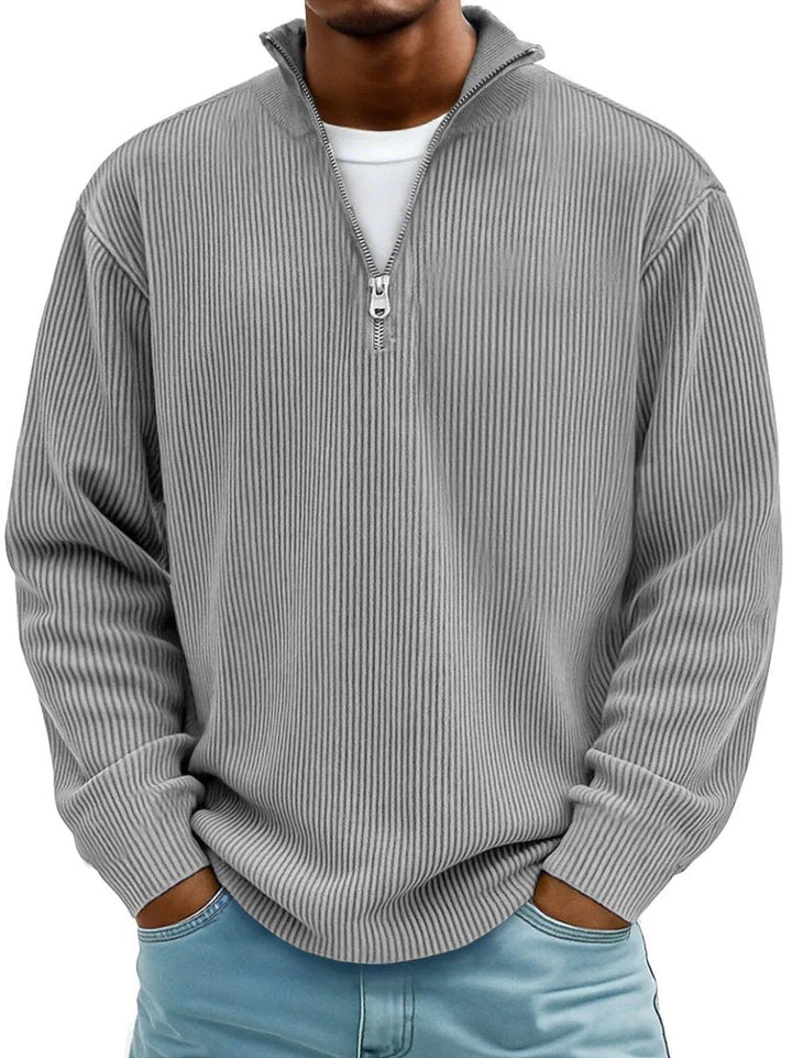 Grant ribbed quarter-zip mock neck sweater in gray, front view