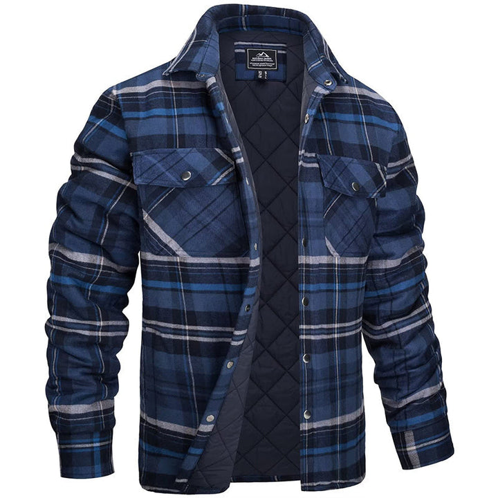 Grayson quilted flannel shirt jacket in dark blue plaid, front view open