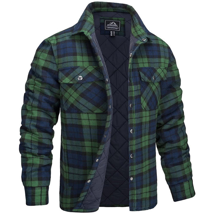 Grayson quilted flannel shirt jacket in green plaid, front view open