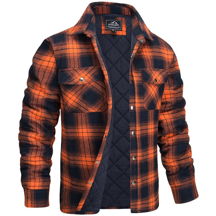 Grayson quilted flannel shirt jacket in orange plaid, front view open