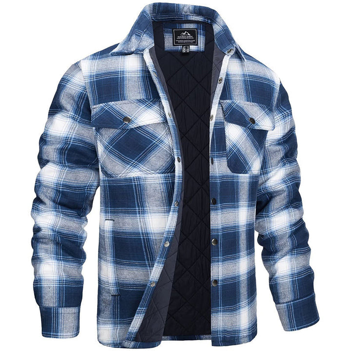 Grayson quilted flannel shirt jacket in light blue and white plaid, front view open
