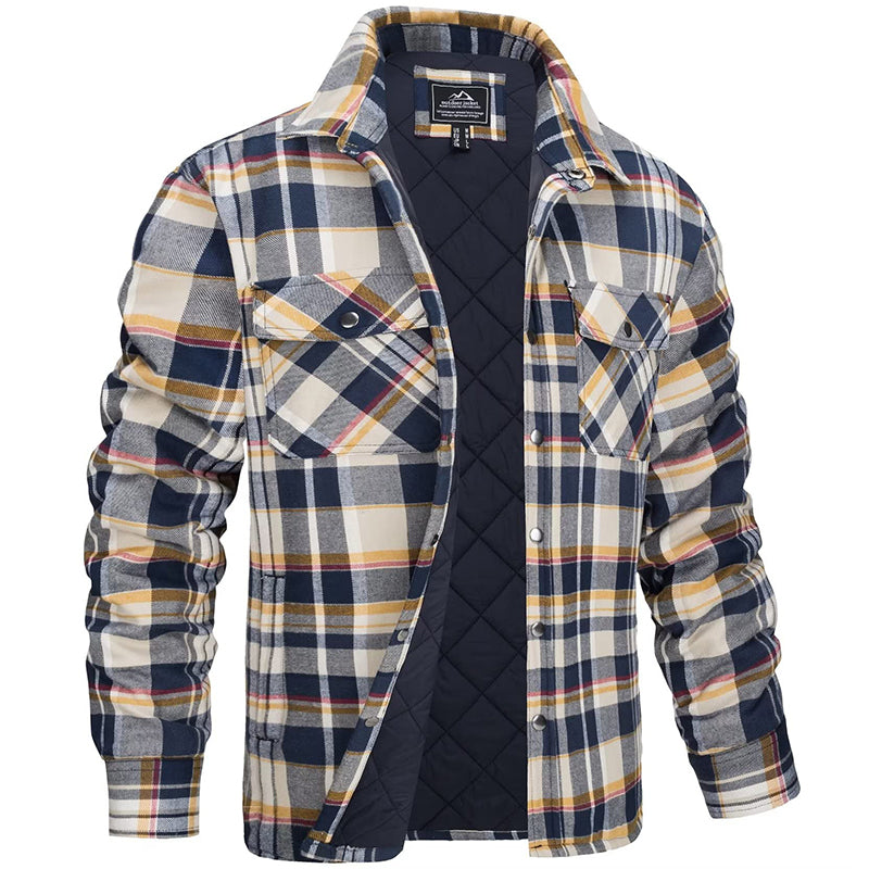 Grayson quilted flannel shirt jacket in yellow multicolor plaid, front view open