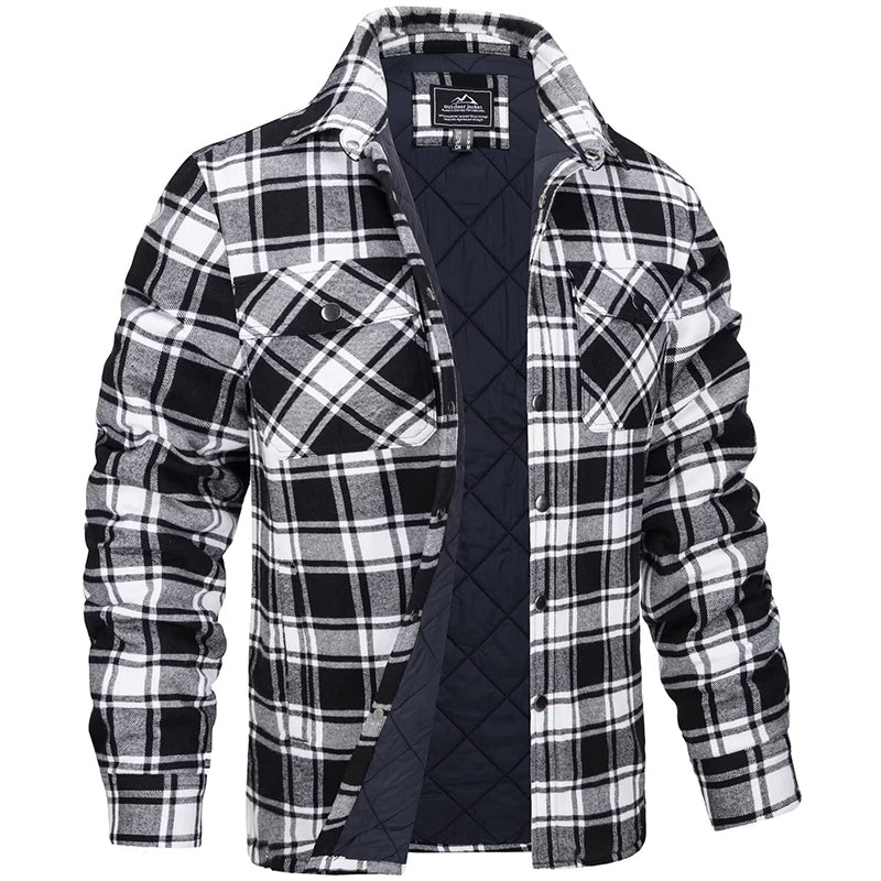 Grayson quilted flannel shirt jacket in black and white plaid, front view open