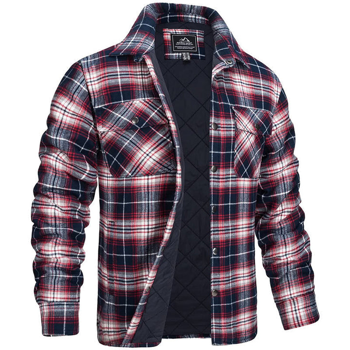 Grayson quilted flannel shirt jacket in red plaid, front view open