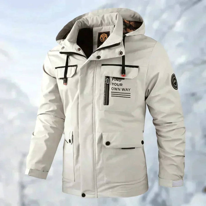 Griffin hooded waterproof jacket, front view with multiple pockets