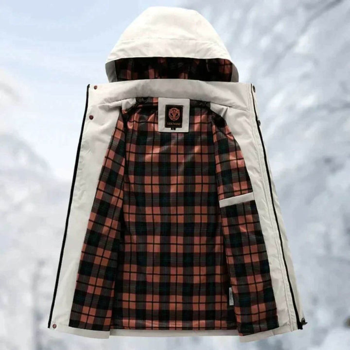 Griffin jacket open showing plaid lined interior and hood