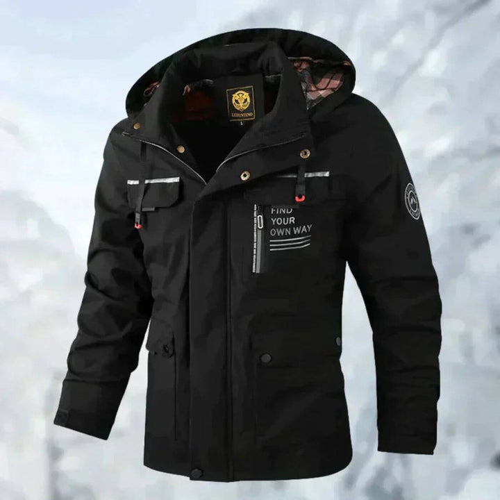 Griffin hooded waterproof jacket in black, front view